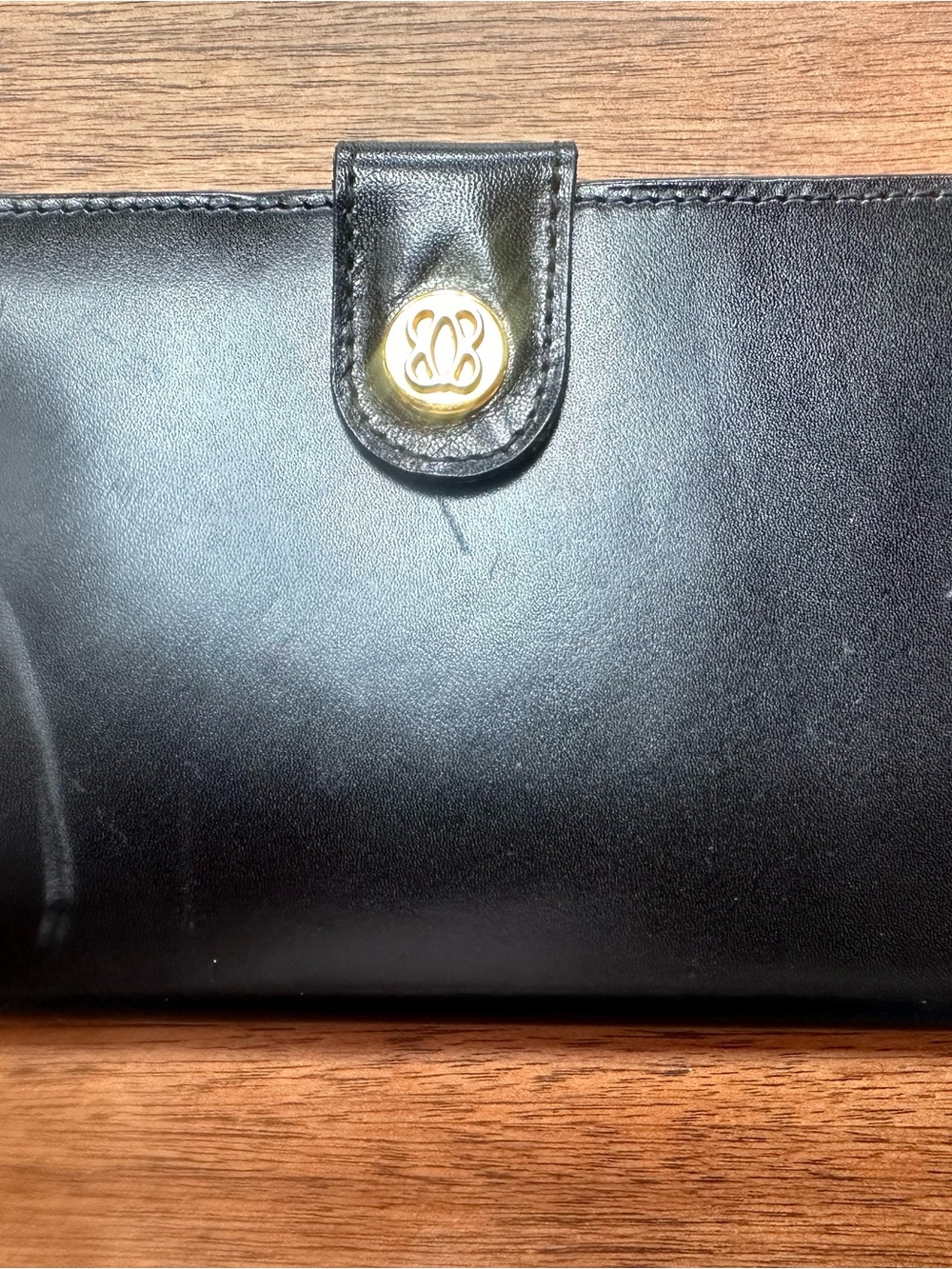 Vintage Italian Bosca Black Leather Ladies Wallet with Gold Logo Snap